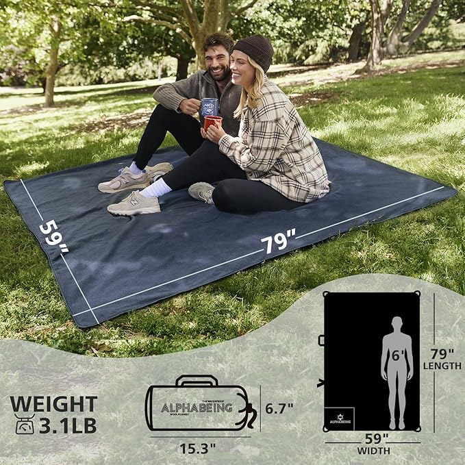 AlphaBeing Waterproof Outdoor Blanket with Merino Wool, Extra Thick Warm, Windproof, Packable Stadium Blankets for Cold Weather, Camping Gift, Pet, Car, Picnic, Concerts, 79" x 59", Navy