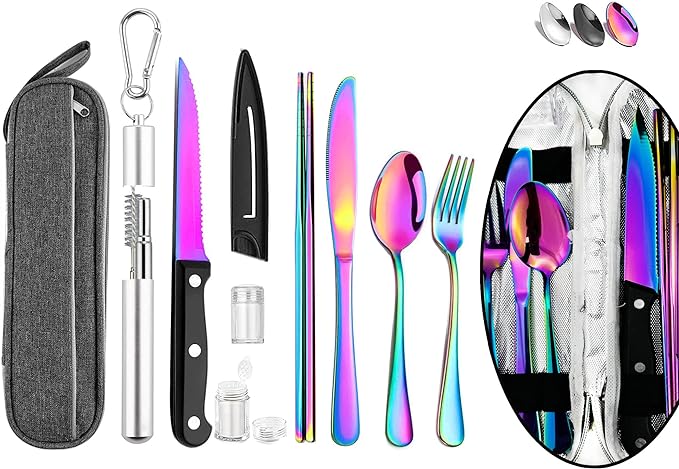 Hommaly Portable Travel Reusable Utensils Silverware with Case,Camping Cutlery set,Chopsticks and Straw Flatware, Stainless steel Utensil set (Rainbow) U