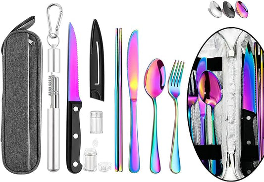 Hommaly Portable Travel Reusable Utensils Silverware with Case,Camping Cutlery set,Chopsticks and Straw Flatware, Stainless steel Utensil set (Rainbow) U