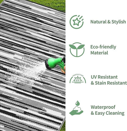 GENIMO Outdoor Rug for Patio Clearance, 5'x8' Waterproof Camping Mat, Reversible Plastic Straw Rugs for RV, Camper, Balcony, Backyard, Picnic, Deck (Black White)