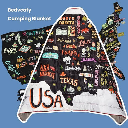 Camping Blanket, Puffy Waterproof Travel Blanket, Warm Cozy Picnic Blanket, for Outdoors, Travel, and Mountain.(Map, 78" x 56")