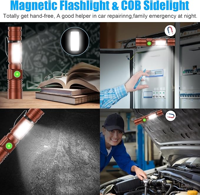 Flashlight USB Rechargeable, Magnetic LED Flashlight, Super Bright LED Tactical Flashlight with Cob Sidelight, 2000LM, Waterproof, Zoomable Best Small LED Flashlight for Camping, Emergency - Brwon