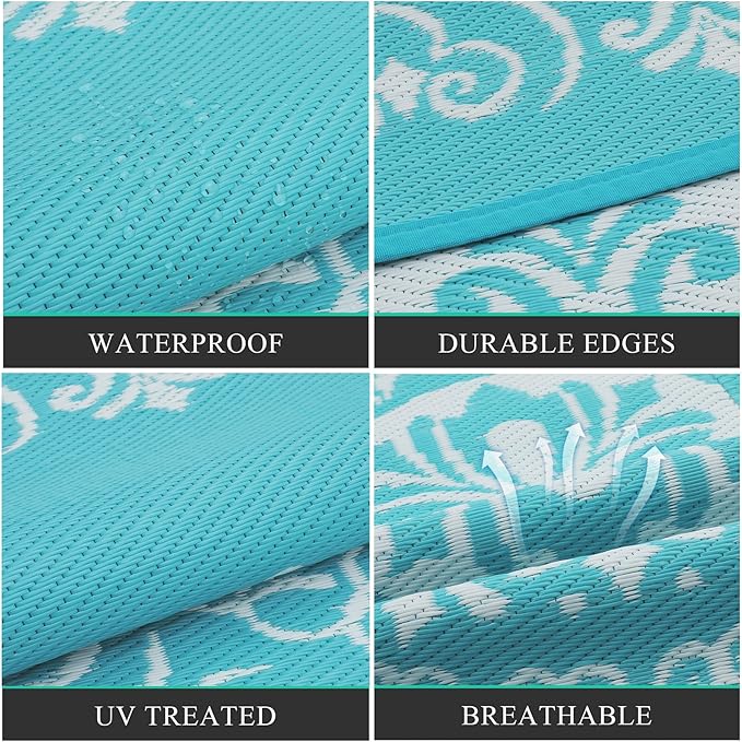 Pauwer Waterproof Outdoor Rug 5x8, Reversible Plastic Straw Patio Camping Rug, Indoor Outdoor RV Mat Carpet for Deck, Camper, Porch, Balcony, Backyard, Picnic, Floral Teal