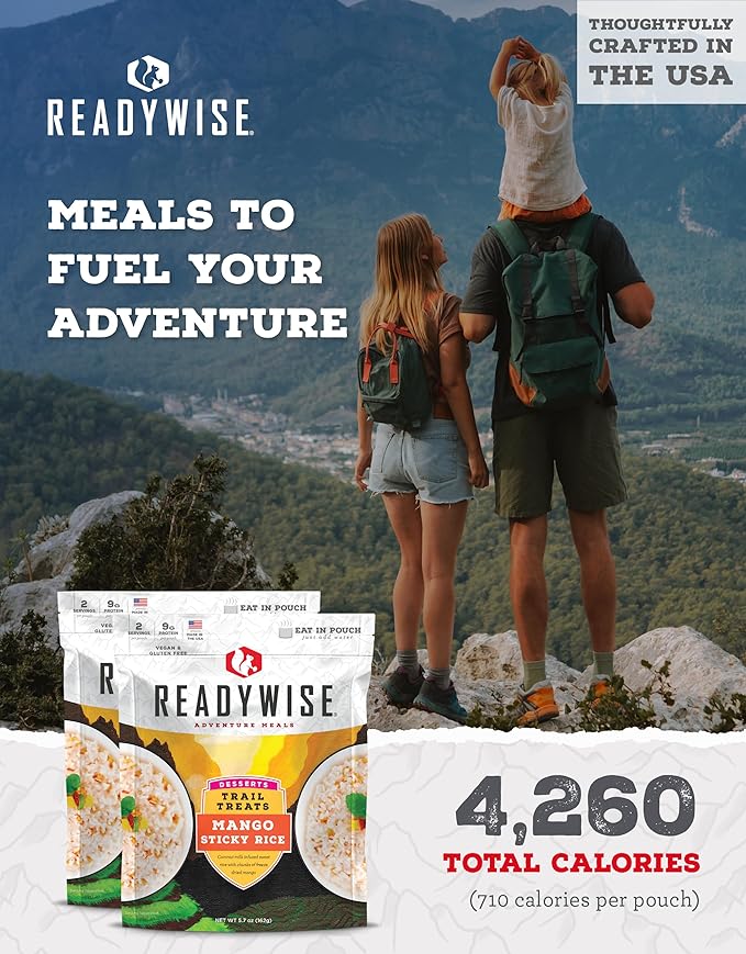 READYWISE - Outdoor Mango Sticky Rice, 12 Servings, Pack of 6, Emergency Preparedness, Freeze Dried Food, MRE, Snack Pack, Survival Food, Emergency Food for Backpacking, Camping, and Hiking