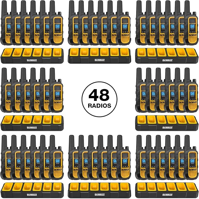 DEWALT DXFRS800 2 Watt Heavy Duty Walkie Talkies - Waterproof, Shock Resistant, Long Range & Rechargeable Two-Way Radio with VOX (48 Pack w/ 8X Gang Chargers) (8DXFRS800-BCH6)