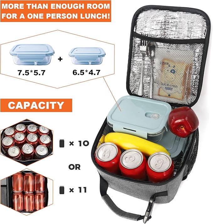 Femuar Lunch Box for Men Women Adults Small Lunch Bag for Office Work Picnic - Reusable Portable Lunchbox, Grey