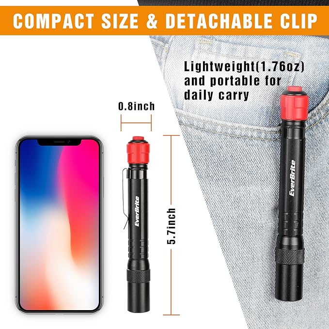 EverBrite Red Light Penlight Flashlight with 395nm UV Blacklight/White Light, Multi-Function LED Pocket Pen Light, AAA Batteries Included, for Night Vision, Pet Stain Detection, Camping, 2pack