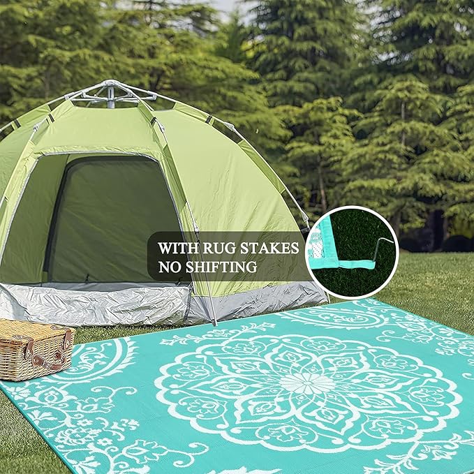 Pauwer Waterproof Outdoor Rug 8x10, Reversible Plastic Straw Patio Camping Rug, Indoor Outdoor RV Mat Carpet for Deck, Camper, Porch, Balcony, Backyard, Picnic, Boho Light Blue