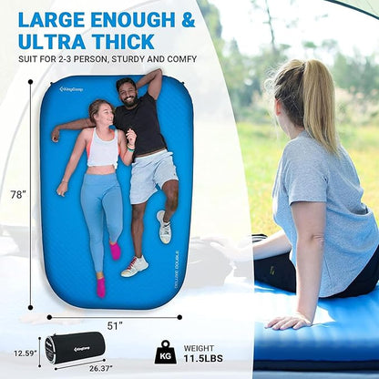 KingCamp Double Sleeping Pad, 2 Person Queen R 7.5 Self Inflating Sleeping Pad 3" Thick Foam Mattress Mat with Contoured Design & Honeycomb Surface Cut for Camping Tent Car Backpacking (BLUE/CHARCOAL)