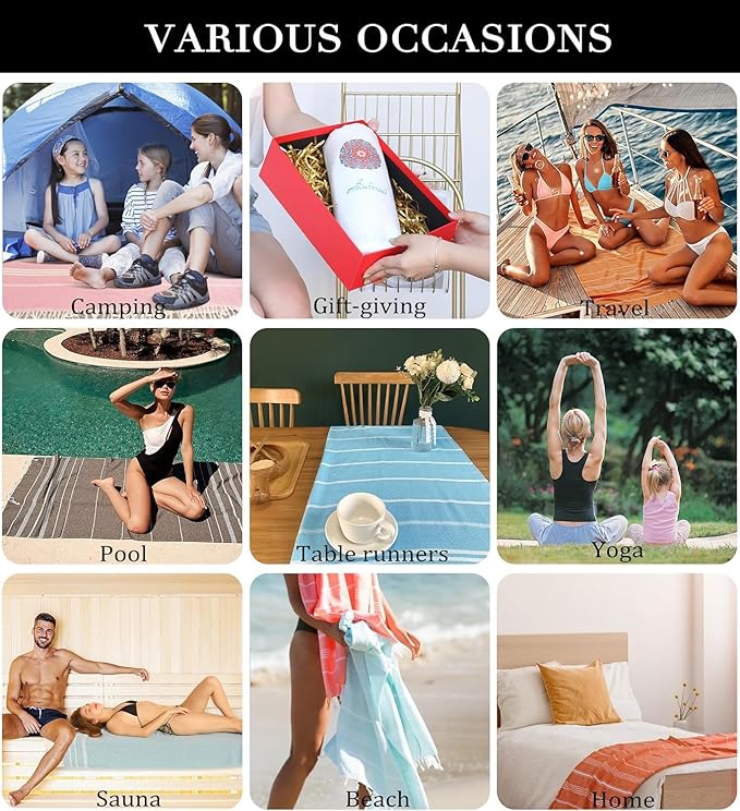 24 Packs Turkish Beach Towels Set Adult Pool Swim Towel Bulk Yoga Blanket Oversized Sand Free Quick Dry Lightweight Extra Large Fast Drying Travel Towels Camping Blanket Vacation Must Haves