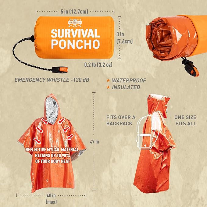 Emergency Survival Poncho. 2 Thermal Mylar Space Blanket Rain Ponchos. Camping Accessories, Outdoor Survival Gear.