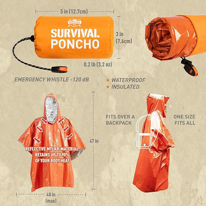 Emergency Survival Poncho. 2 Thermal Mylar Space Blanket Rain Ponchos. Camping Accessories, Outdoor Survival Gear.