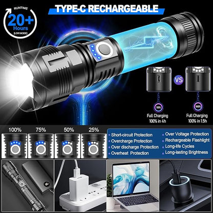 DanByte Flashlights High Lumens Rechargeable with Storge Bag- 100,000 Lumens Super Bright LED Rechargeable Tactical Flashlight,Powerful Flash Light Small Flashlight with 5 Modes for Emergency,Camping