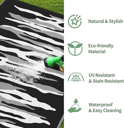 GENIMO Outdoor Rug for Patio Clearance, 8'x10' Waterproof Camping Mat, Reversible Plastic Straw Rugs for RV, Camper, Balcony, Backyard, Picnic, Deck (Black&White)