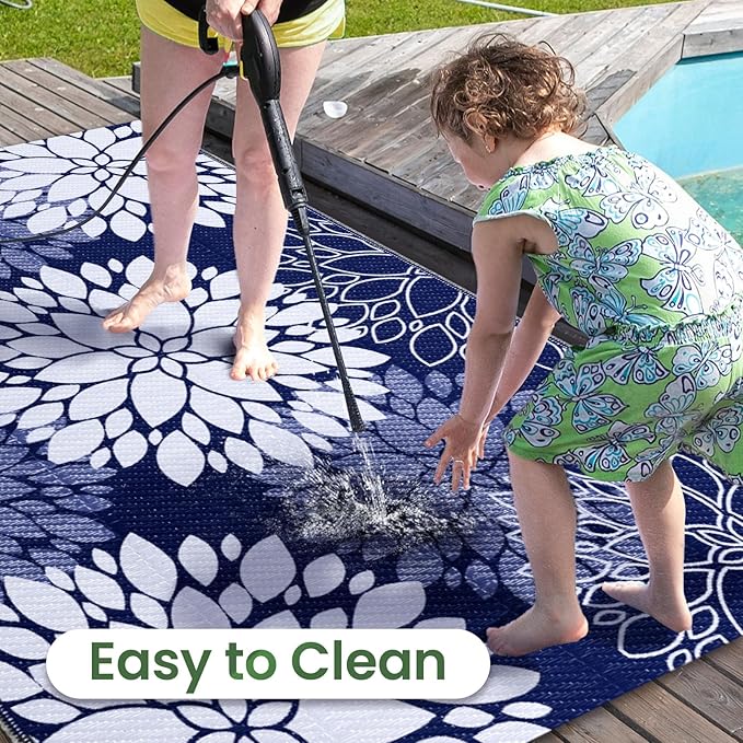 LuxStep Outdoor Rug Waterproof Outdoor Plastic Straw Rug Reversible Patio Rug Mat Outdoor Decor Large Area Mats for RV, Picnic, Backyard, Deck, Balcony, Porch, Beach, Camping, 6'x 9',Blue