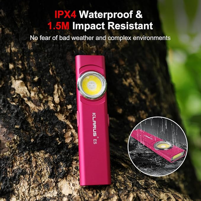 klarus E5 Pocket Flashlight, Rechargeable EDC Flashlight, Super Slim Flat 4.2x1x0.3inch, 470 Lumens, USB-C Port, IPX4, Dual Light Source with Magnetic Base, Hat & Clothes Clip - Red