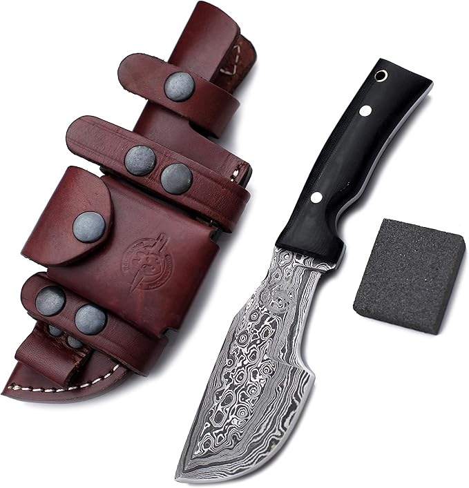 Handmade Damascus Steel Knife for Hunting, Survival, Camping, Bushcraft, Fishing, Fixed Blade, Tracker Knife with Full Tang Micarta Handle, Leather Sheath and Sharpening Stone - WKD-799