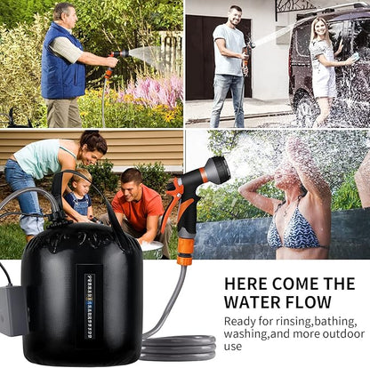 Portable Camping Shower, 5gallons/20 liters Rechargeable air Pump Outdoor Electric Camping Shower, 8 Spray Modes, Solar Heating Black PVC airbag, Built-in Thermometer, Beach, Camping, Hiking