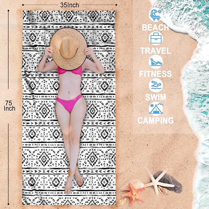 Bnuitland Black and White Boho Pattern Beach Towel (35X75 inches), Oversized Quick Dry Absorbent Sand Free, Cute Towels for Travel Swimming Pool Picnic, 90% Polyester and 10% Polyamide