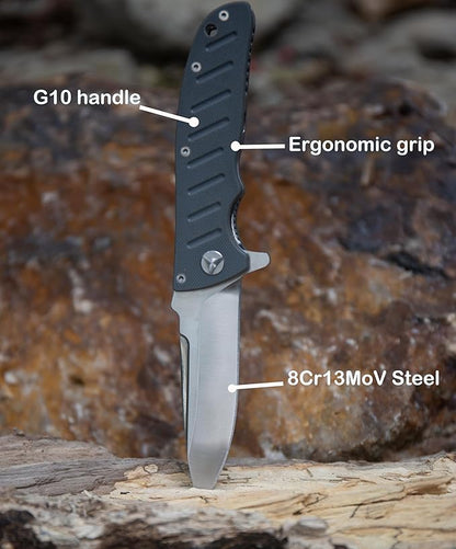 FD02 Folding Pocket Knife, 8Cr13MoV Stainless Steel Blade G10 Handle EDC Pocket Knife for Men and Women, Camping Hunting Hiking Fishing Knives Tools (White)