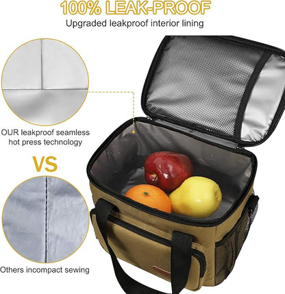 Femuar Lunch Bags for Women/Men, Insulated Lunch Bag for Work Office Picnic - Lunch Cooler Bag Leakproof Lunch Box with Adjustable Shoulder Strap - Khaki