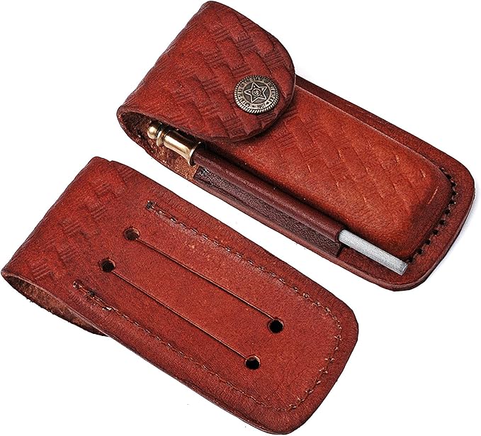 Handmade Damascus Steel Pocket Knife & Knife Sharpener - Damascus Folding Knife - Pocket Knife for Men, EDC Knife & Hunting Knife with Back Lock & Beautiful Pakka Wood Handle with Leather Knife Sheath