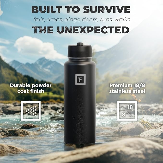 IRON °FLASK Camping & Hiking Hydration Flask, Wide Mouth, 3 Straw Lids, Stainless Steel Outdoor Water Bottle, Double Walled, Insulated Thermos, Metal Canteen - Midnight Black, 40 Oz