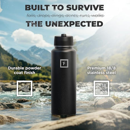 IRON °FLASK Camping & Hiking Hydration Flask, Wide Mouth, 3 Straw Lids, Stainless Steel Outdoor Water Bottle, Double Walled, Insulated Thermos, Metal Canteen - Midnight Black, 40 Oz