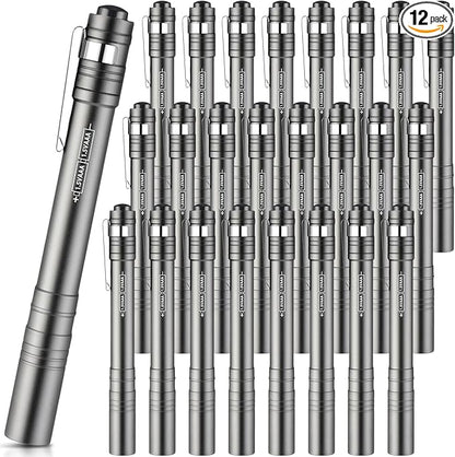 12 Pack LED Penlight Bulk, Pocket Flashlight with Clip, Aluminum Pen Flashlights Mini Pen Light for Nurses Hospital Outdoor Camping Emergency Hiking (Silver Gray)