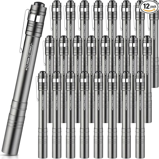 12 Pack LED Penlight Bulk, Pocket Flashlight with Clip, Aluminum Pen Flashlights Mini Pen Light for Nurses Hospital Outdoor Camping Emergency Hiking (Silver Gray)