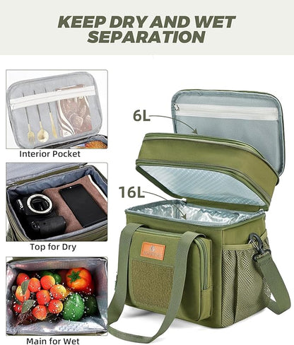 Expandable XLarge Tactical Lunch Box for Adults, Waterproof Insulated Lunch Bag with Lots of Storage Space, Durable Lunch Pail for Men Women Work Outdoor Picnic Trips, 22L(Army Green), HSHRISH