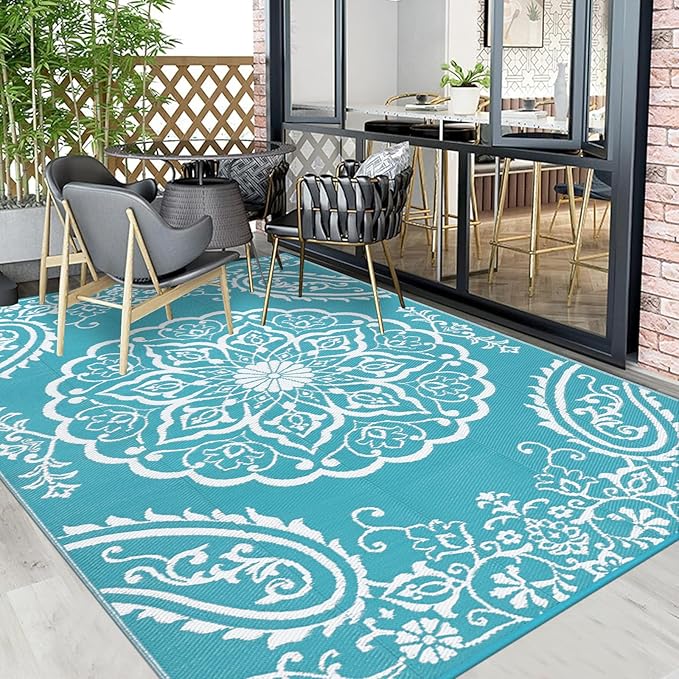 Pauwer Waterproof Outdoor Rug 10x14, Reversible Plastic Straw Patio Camping Rug, Indoor Outdoor RV Mat Carpet for Deck, Camper, Porch, Balcony, Backyard, Picnic, Boho Teal