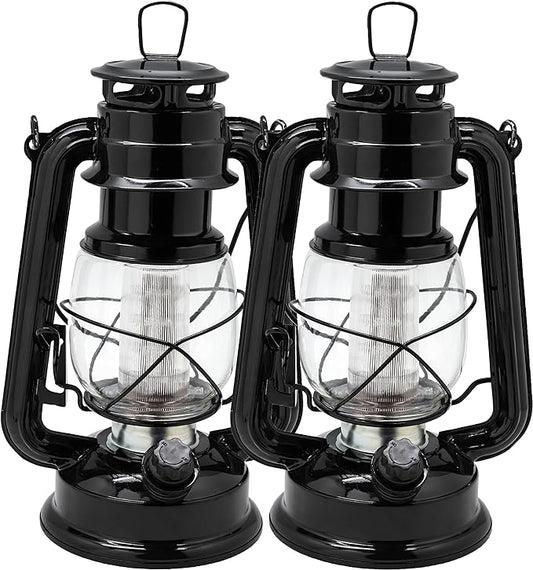 YAKii LED Vintage Metal Hanging Hurricane Lantern - 12 LED Dimmer Switch, Cold White, Battery Operated for Power Outage, Indoor Camping, Outdoor Brooklyn Lighting (Black 2 Pack)