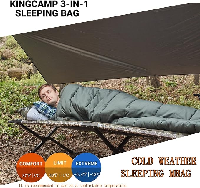 KingCamp 3-in-1 Sleeping Bag for Adults Cold & Warm Weather, XL Size for Big & Tall Individuals, Waterproof, Flannel Lining, Extra Length-Ideal for Camping & Backpacking