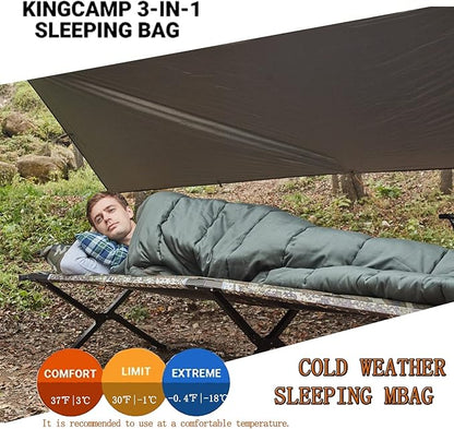 KingCamp 3-in-1 Sleeping Bag for Adults Cold & Warm Weather, XL Size for Big & Tall Individuals, Waterproof, Flannel Lining, Extra Length-Ideal for Camping & Backpacking