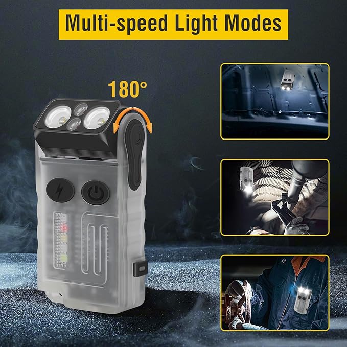 BORUIT V20 Small Powerful Flashlight 1000LM with Red Blue Warm Light, 180° Head Swivels 110dB Buzzer - Mini Keychain Pocket Rechargeable LED Flashlights USB EDC Clip Flash Light
