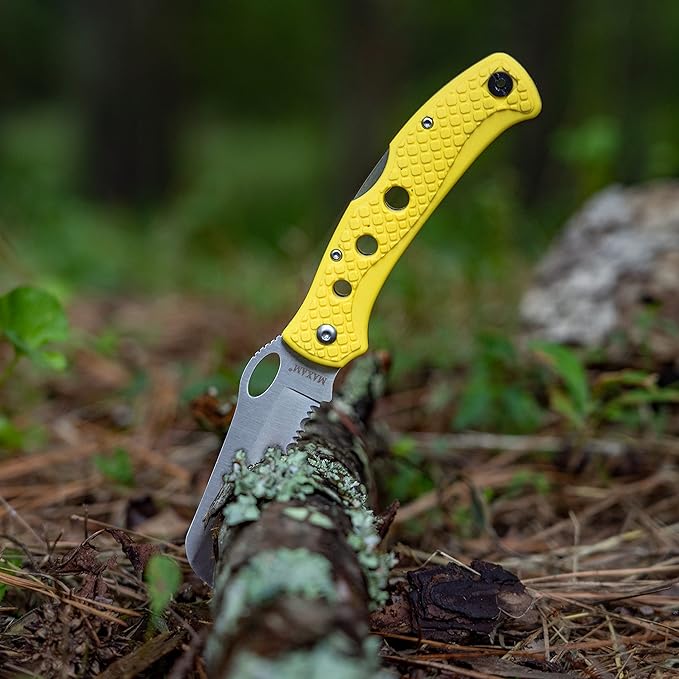 Maxam 5 Inch Saltwater Knife - Rust-Proof German Stainless Steel Serrated Blade with High-Visibility Yellow Handle, Reversible Pocket Clip, Lanyard Hole