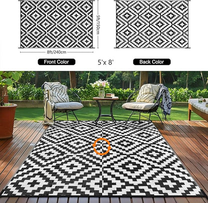 Outdoor Patio Plastic Straw Rug - 5'x8' Outdoor Camping Rug Waterproof Reversible, Area Carpet Patios Clearance RV, Outside Porch Balcony Deck for Camper, Black & White