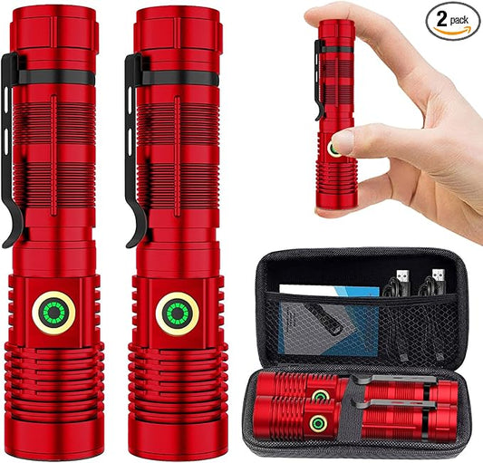 Rechargeable Flashlight High Lumens, 12000 High Lumens Super Bright Flash Light, 1500 Meter Long-Range Zoomable LED Flashlights for Emergency, EDC, Searching, Waterproof Flashlight Dimmable Red 2Pcs