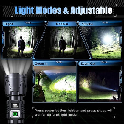 Rechargeable Flashlights High Lumens - 900000LM Super Bright Flashlight - LED Flashlight with LCD Display, Zoomable, Waterproof, Handheld Flashlights for Emergencies, Camping - 2 Pack, Medium