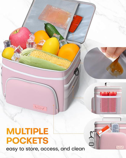 HOTOR Insulated Lunch Box for Men & Women - Leak-Proof Cooler Lunch Bag with 4 Pockets, Adjustable Strap, Ideal for Work, Picnic, Travel - Medium, Light Pink, 10.2"×6.9"×8.5"