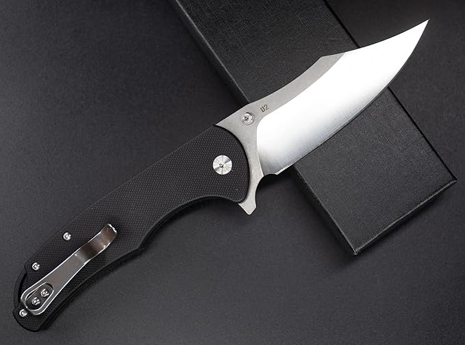 FD04 Folding Pocket Knife, D2 Steel Blade G10 Handle and Button Lock EDC Pocket Cool Knife for Men and Women, Camping Hunting Hiking Fishing Knives Tools (Black Clip)