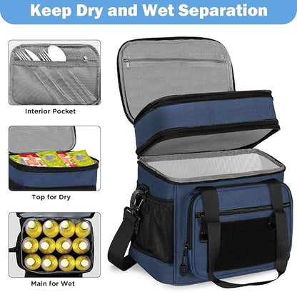 GLENKEY Double Deck Insulated Lunch Box, Expandable Xlarge Lunch Bag Leakproof Cooler Bag Lunch Pail for Men Women Adults Work Shifts Travel Daytrip,22L,Blue