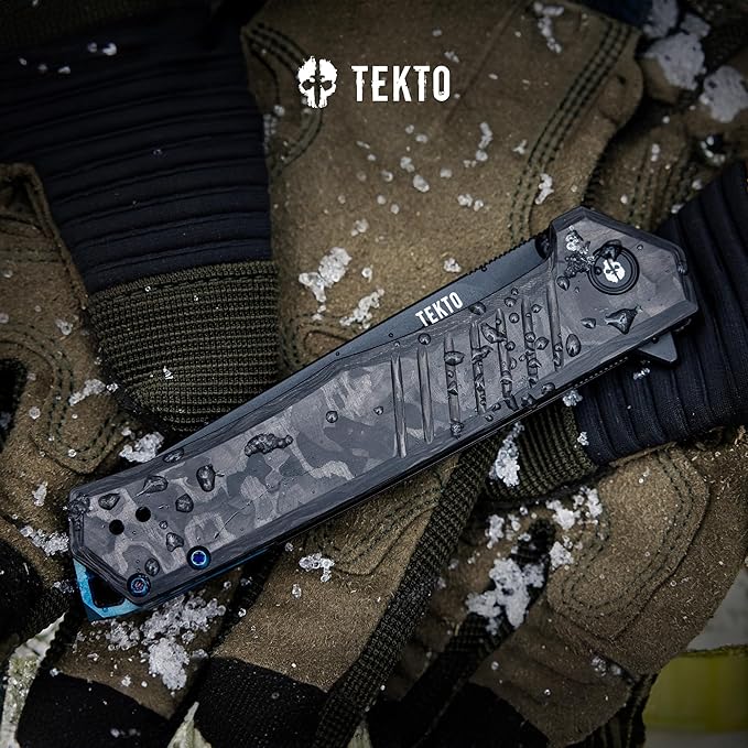 F1 Alpha Folding Pocket Knife - Modified Straight Back Blade, Titanium Coated D2 Steel, Ideal for Outdoor Camping & Backpacking,Tactical Forged Carbon Fiber Handle, Blue Titanium Accents