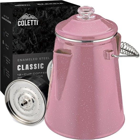 COLETTI Classic Percolator Coffee Pot — Camping Coffee Makers, Coffee Percolator – The Original Camping Coffee Pot, Now Modernized – For Campsite Brewmasters Everywhere [Pink Enamel, 12 Cup]