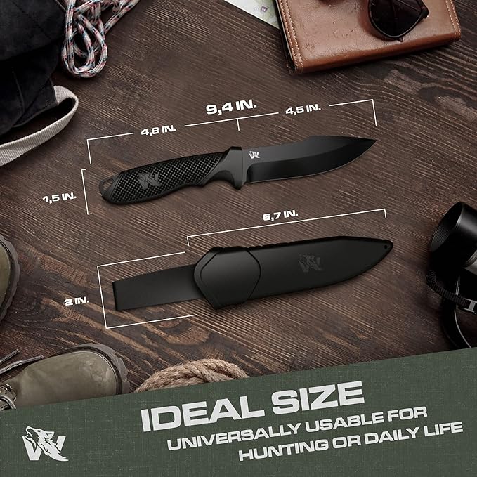 WOLF-I Full Tang Survival Knife with Sheath - Stylish Tactical Fixed Blade - Made of 440C Steel - For Bushcraft and Camping - Perfect EDC Outdoor Knife with TPE Handle