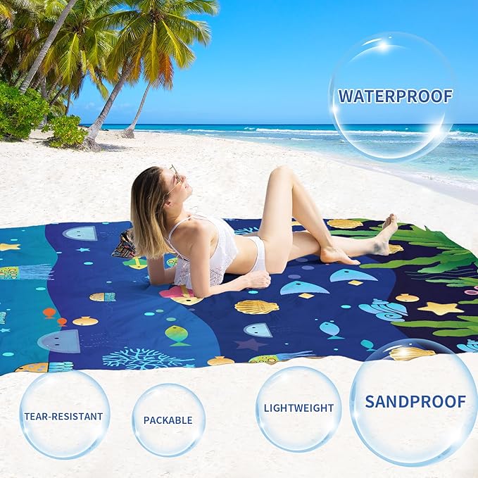 BYDOLL Beach Blanket Sandproof Waterproof 78''×110''1-7 Kids Adults Compact Lightweight Oversized Beach Blanket Large Picnic Mat Beach Blanket for Travel Camping Hiking Picnic