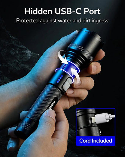 PACEARTH Tactical Flashlights High lumens, Rechargeable Flashlights with 5 Modes LED Flashlight Adjustable, Zoomable Waterproof 2000LM Brightest Flashlight for Emergencies, Camping, Hiking