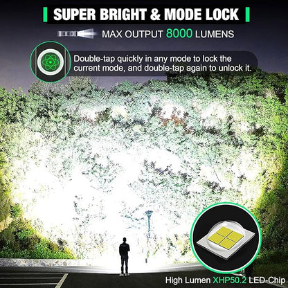 Small Powerful Flashlight, Super Bright 8000 Lumens LED Flashlight, Type-C Rechargeable, Zoomable, Waterproof Tactical Flashlight for Camping Emergency