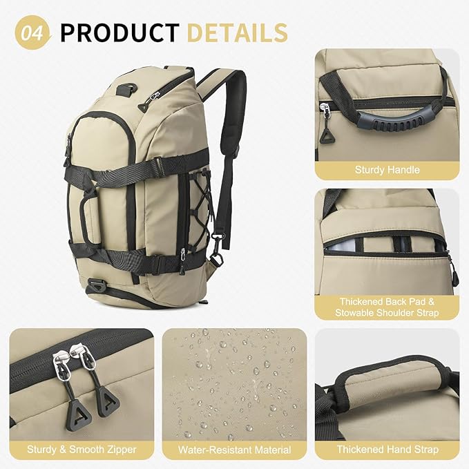 Unisex Travel Duffle Bag for Men Women, Waterproof Gym Bag with Shoe Compartment & Football Compartment, 32L Carry on Bag for Sports & Fitness, Khaki